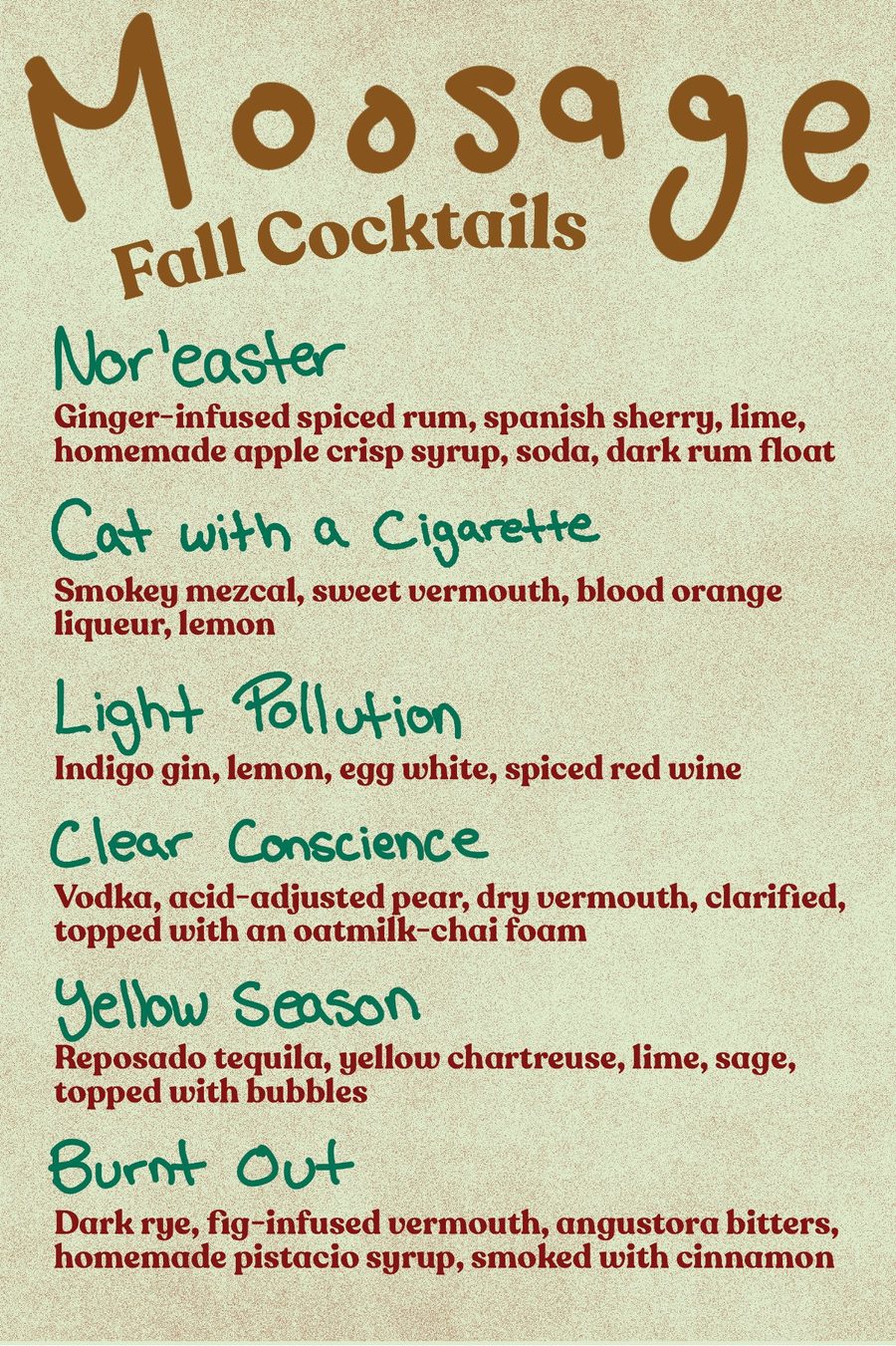 Moosage fall cocktail menu