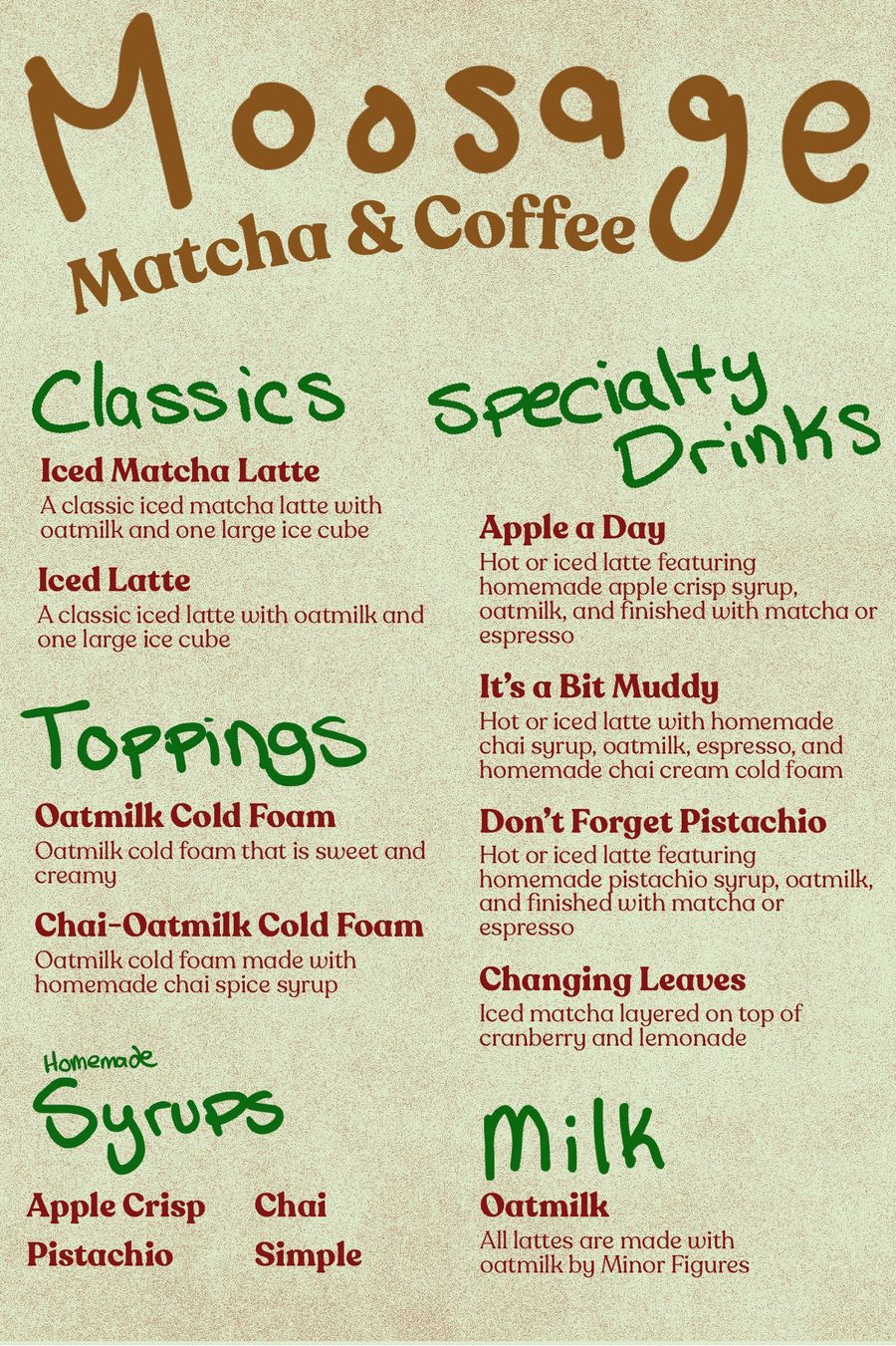 Moosage Matcha and Coffee fall menu